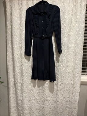Navy Pinstripe Belted Midi Shirt Dress